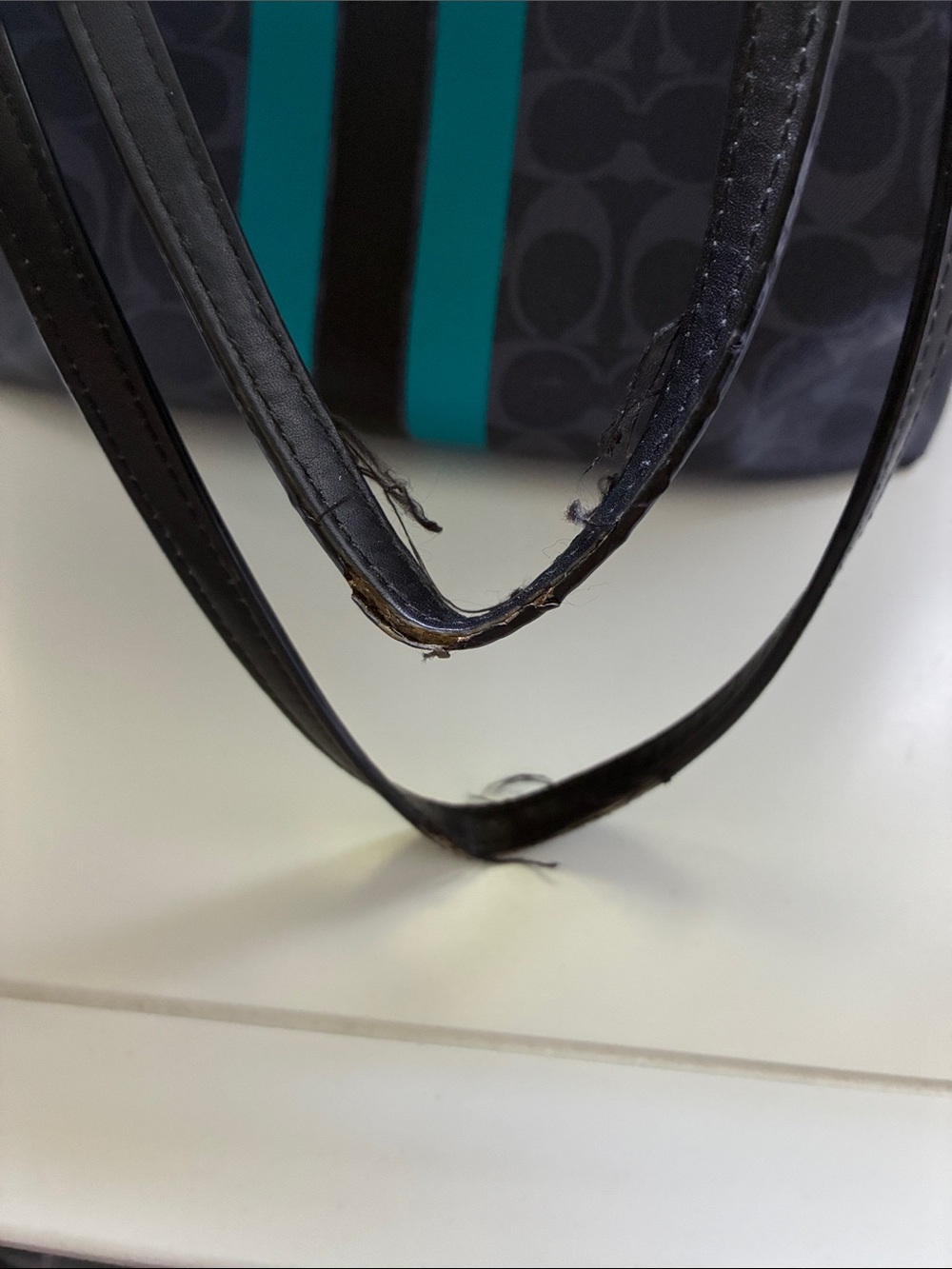 Coach Black Signature Tote with Teal Racing Stripes - Picture 2 of 10
